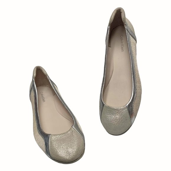 CALVIN KLEIN Starla Silver Leather Tan Mesh Athleisure Flats - Picture 6 of 12
